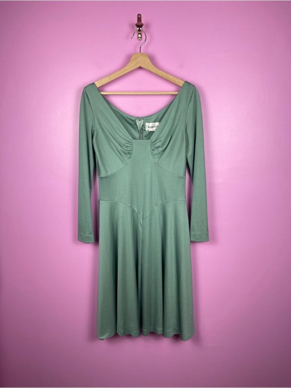 Leonard Sunshine Vintage 70s Slip Dress 12 Sage Green Hong Kong - Picture 2 of 9